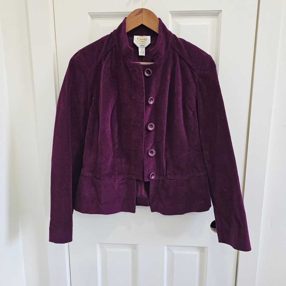 Talbots Plum Purple Velvet Button Front Stand Collar Stretch Blazer Size 2